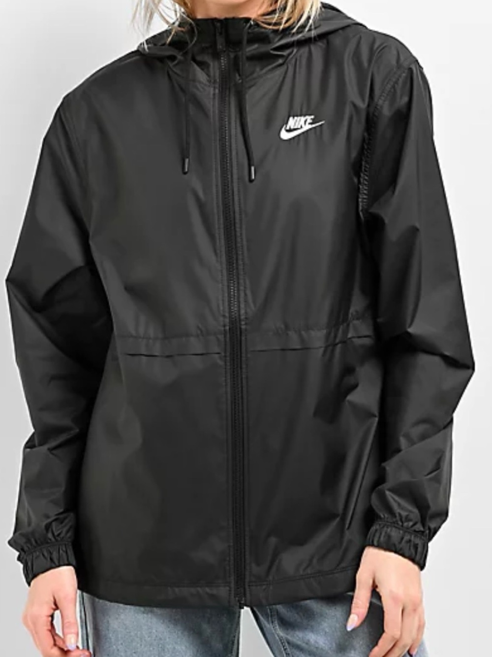 Women’s Nike Black Hooded Windbreaker with White Swoosh